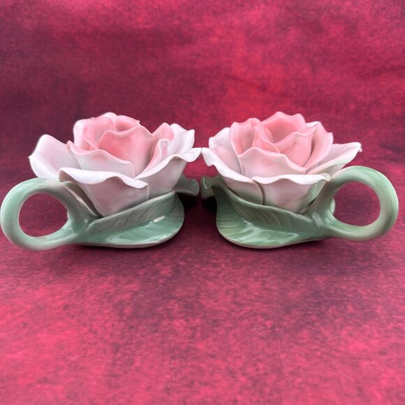 Other - CAPODIMONTE PALE PINK ROSE VINTAGE CANDLE HOLDER SITTING GREEN STEM, SET of 2